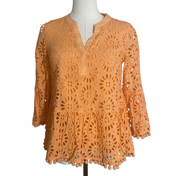 Lilly Pulitzer Tops - EUC Lilly Pulitzer Eyelet Blouse Coral Lined Pom Poms Size XXS